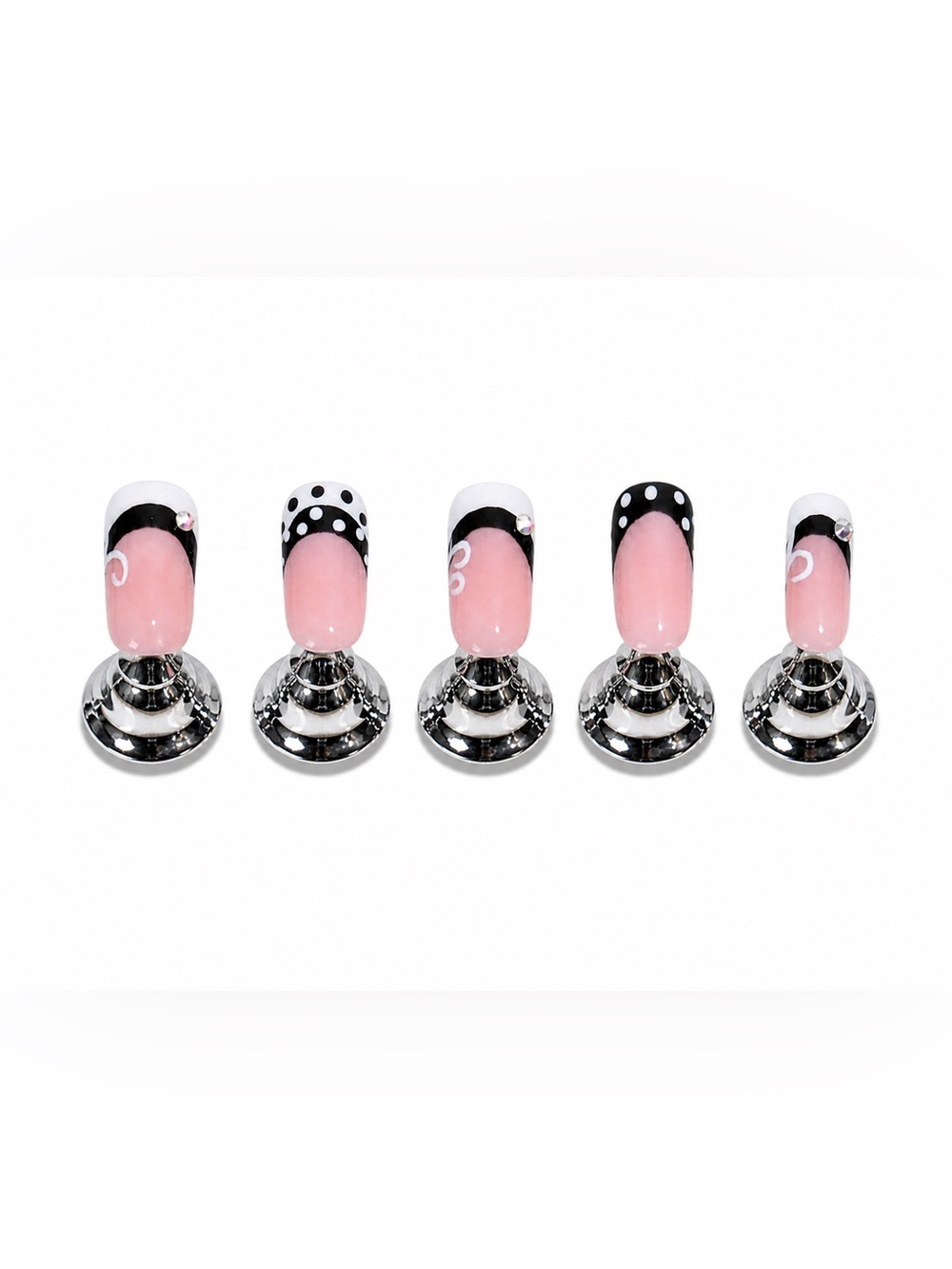 Black Polka Dot French Tip Press-On Nails with Pink Base